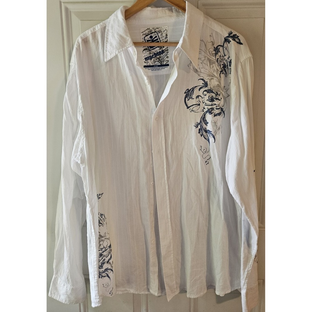 Machine Y2K White Scroll Graphic Button Up Shirt Men's XL Textured Cotton...‎